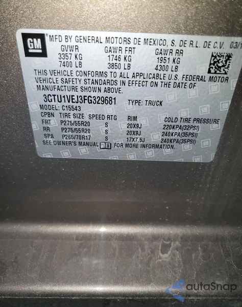 2015 GMC Sierra C1500 Slt z USA, uszkodzony, nr VIN 329681